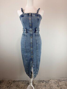 SO Women Light Wash Denim Button Front Midi Dress Adjustable Straps Size 0/24W